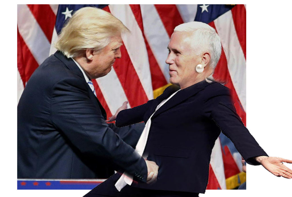 Image of Pence in a pantsuit with Trump