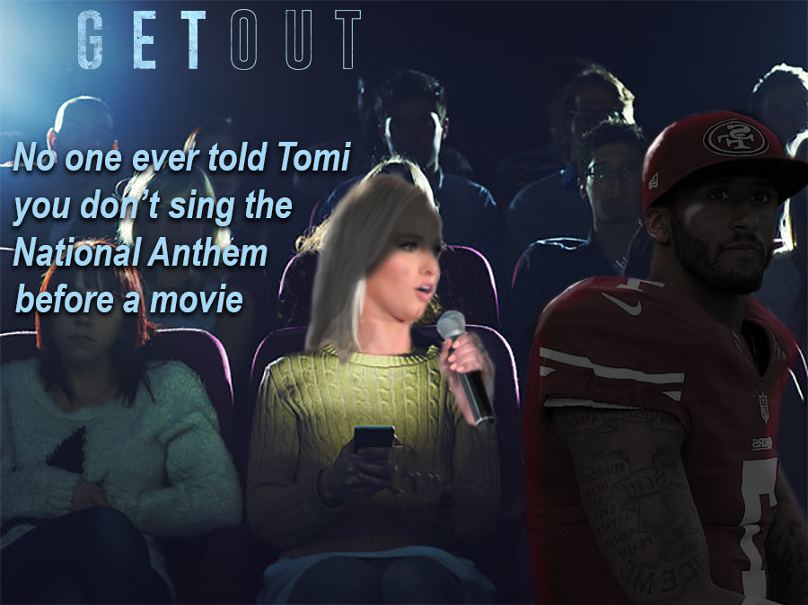 Tomi Lahren and Colin Kaepernick in a movie theater. She sings, he looks away. "No one ever told Tomi, you don't sing the national anthem before movies."