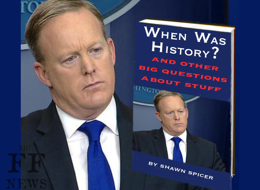 Sean Spicer pictured with his new book "When Was History? And other big questions about stuff"