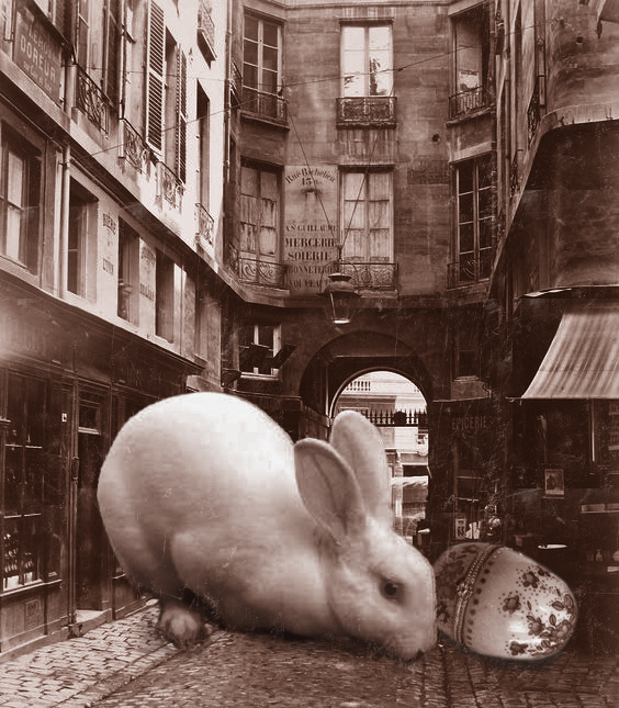 streets of Paris, 1890s, giant white rabbit with egg