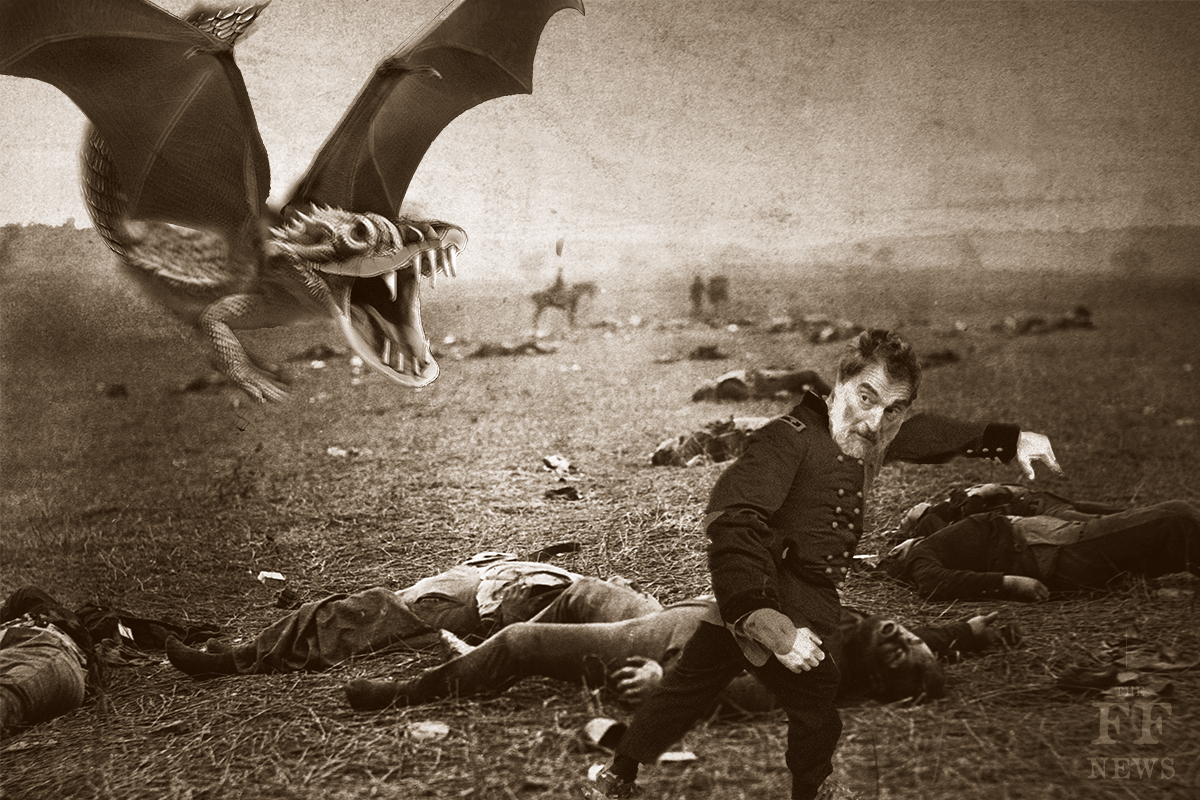 Union soldier running from a dragon