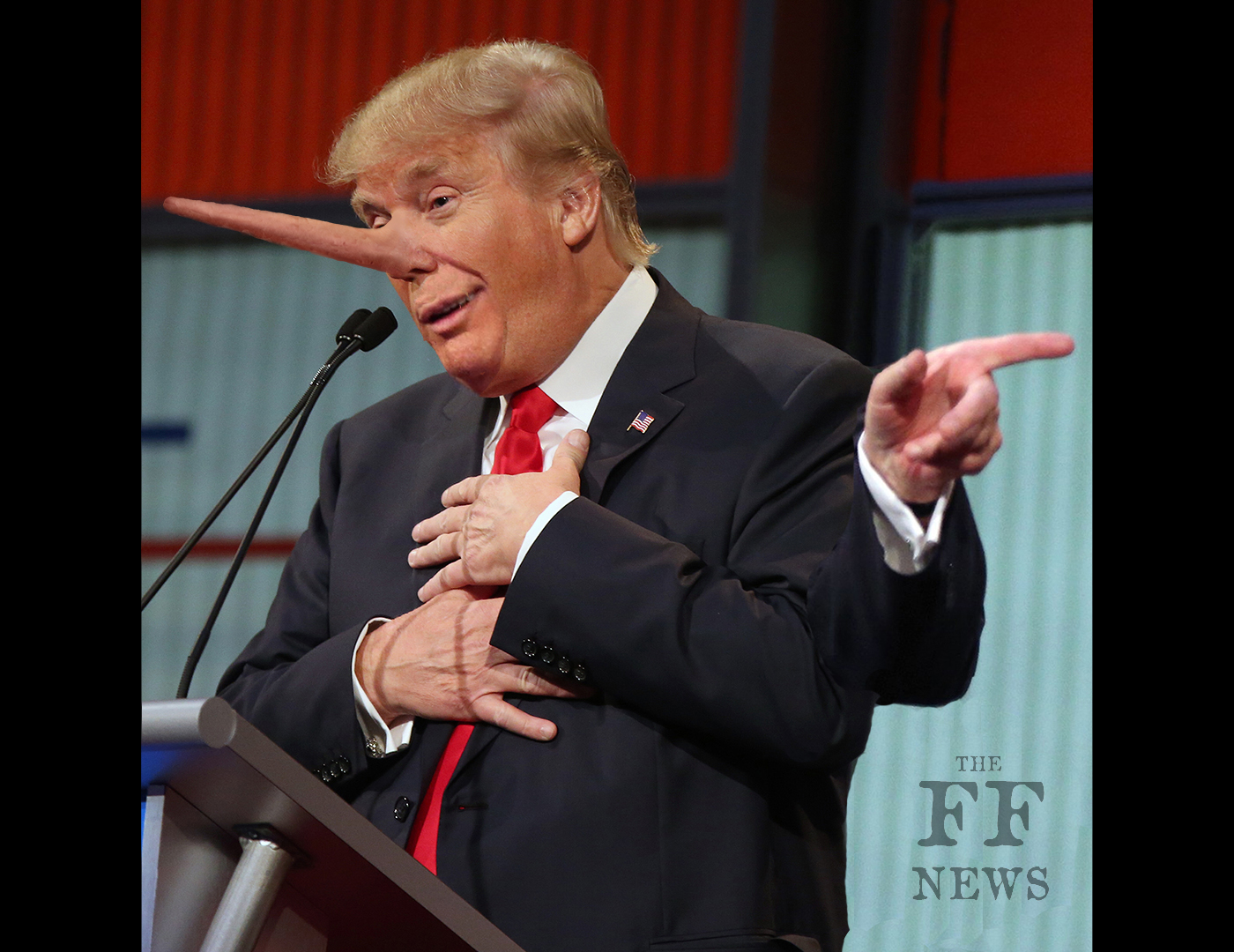 trump with Pinocchio nose at debase, pointing third hand.