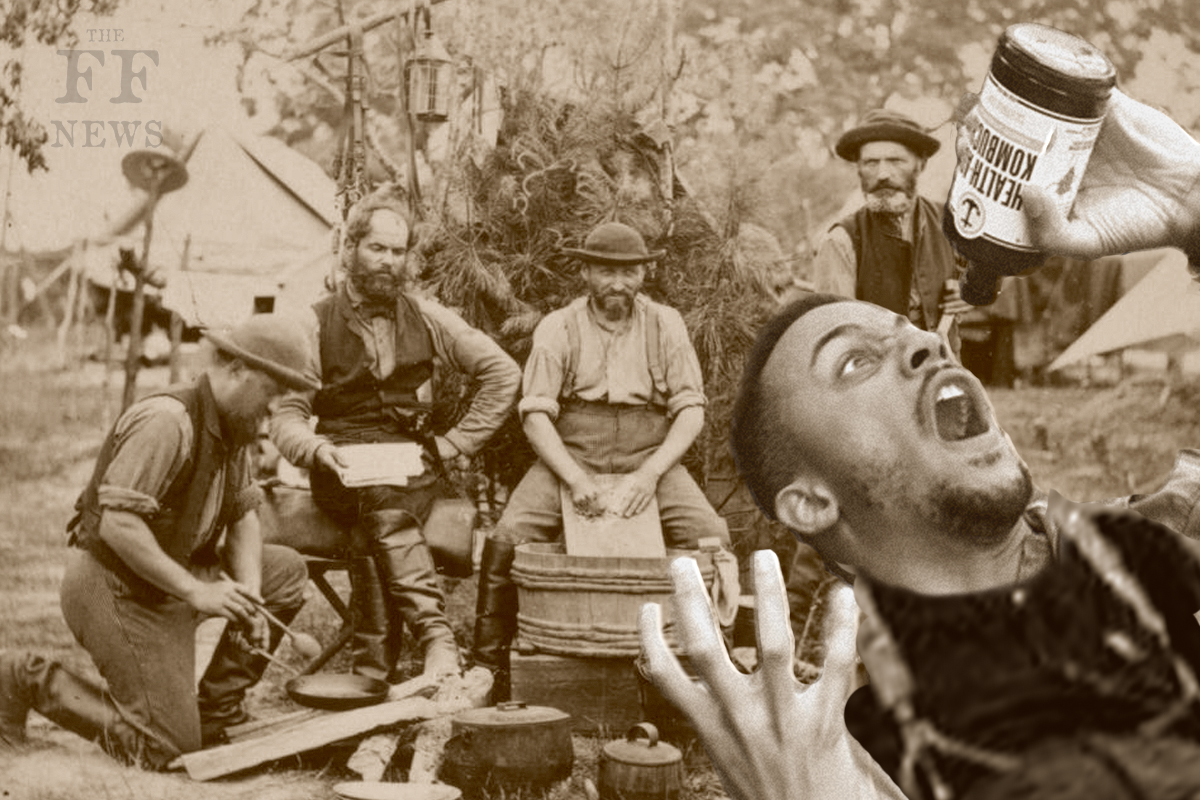 A Union Soldier is horrified to realized his kombucha bottle is empty.